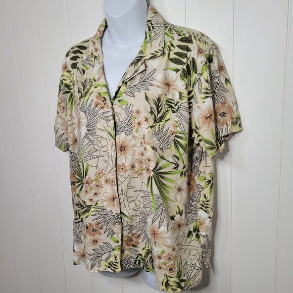 Erika Top Womens Medium Tropical Hawaiian Tan Green Button Up Short Sleeve - Picture 3 of 7